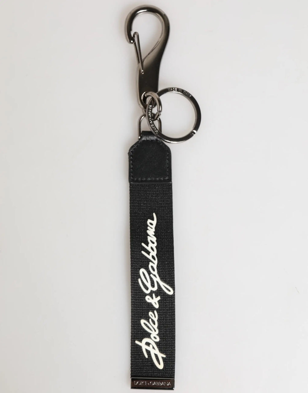 Porte-clés dolce gabbana en polyester noir avec logo blanc et attache métallique argentée pour homme