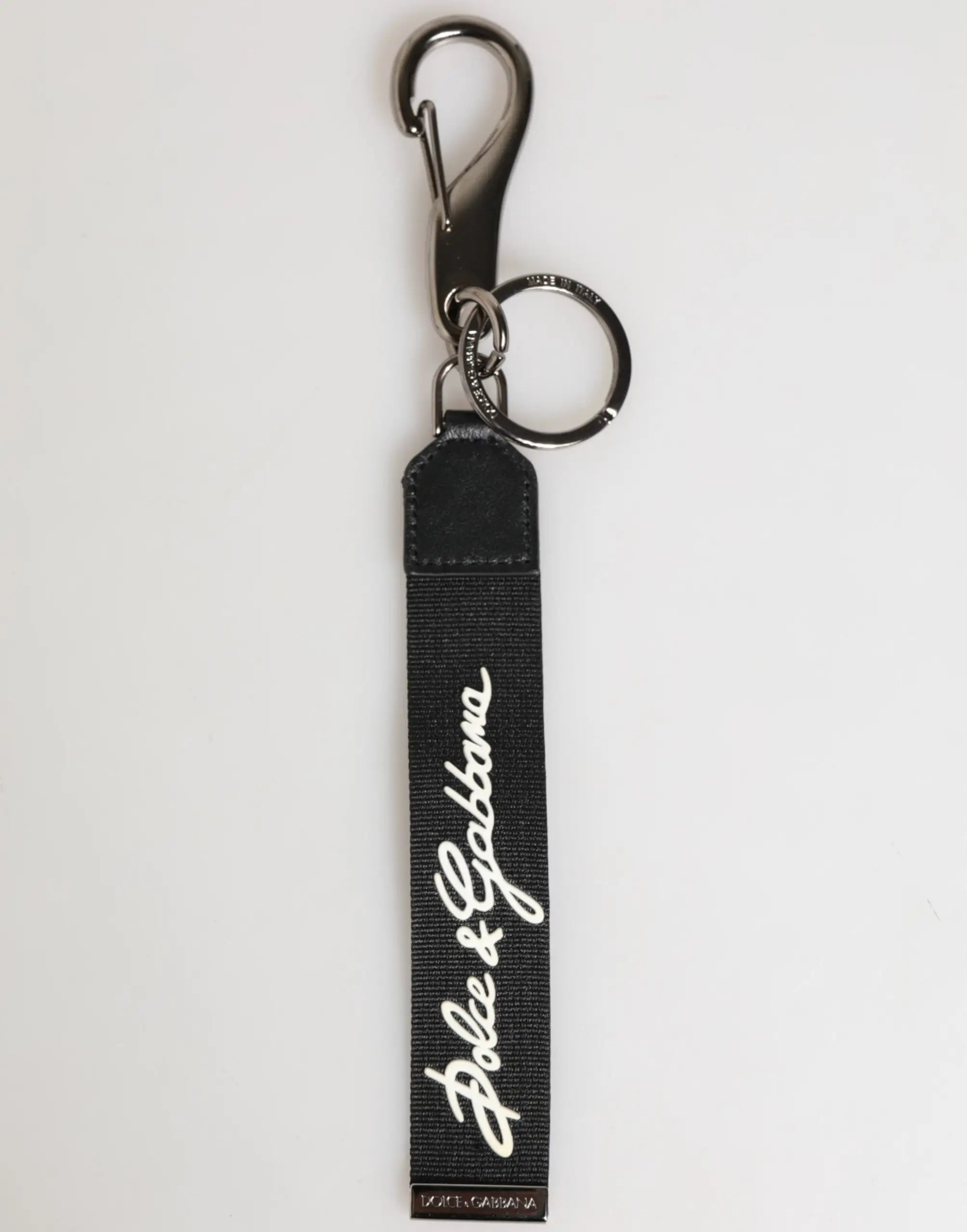 Porte-clés dolce & gabbana pour homme en polyester noir avec logo blanc et attache métal argenté