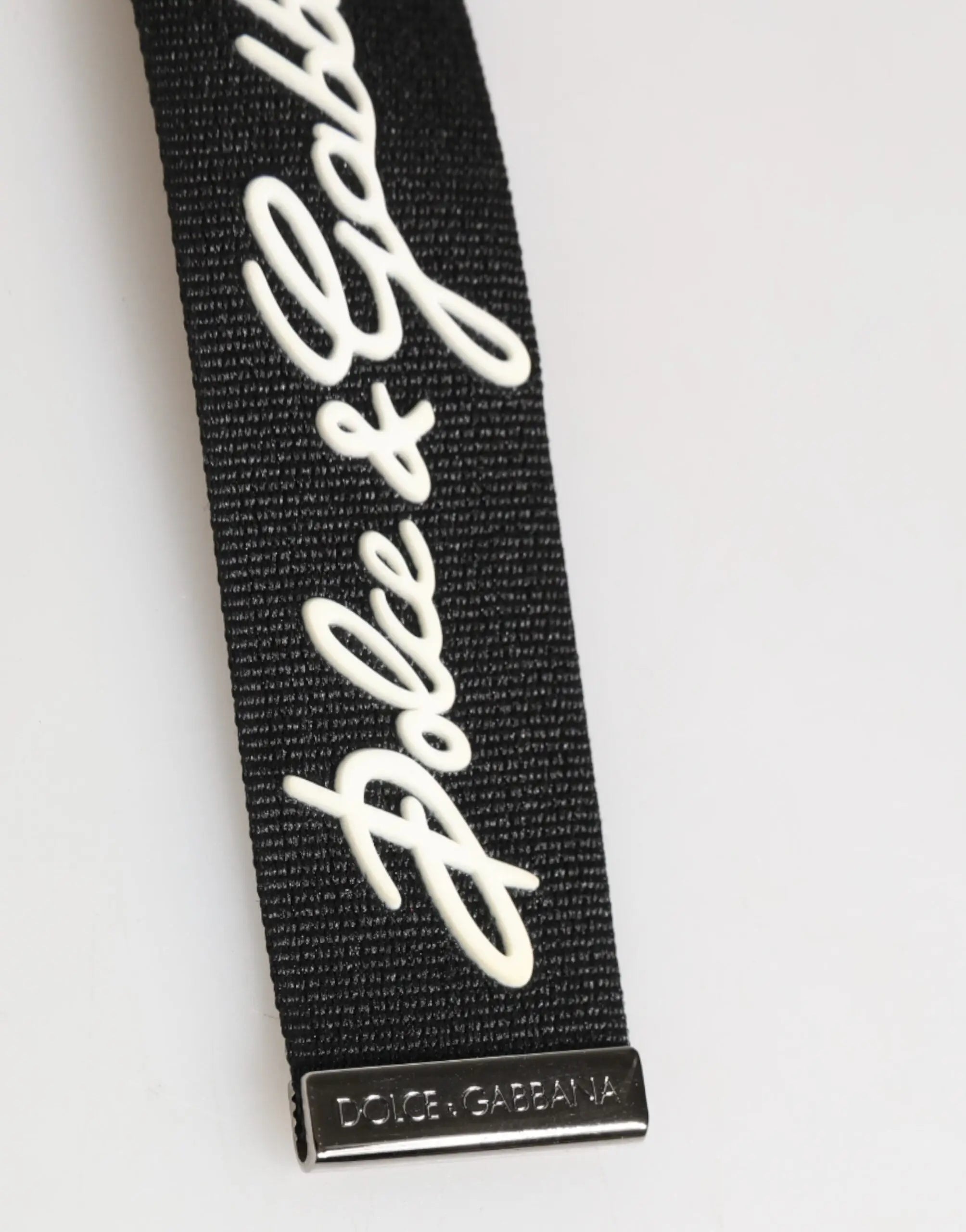 Ceinture tressée noire dolce gabbana en polyester avec logo blanc cursif et plaque argentée pour porte-clés homme