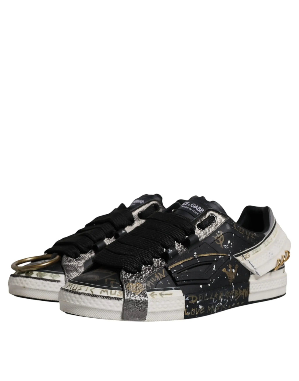 Dolce & gabbana black white portofino low top sneakers with black and gold distressed leather, metallic accents, and graffiti lettering