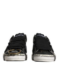 Dolce & gabbana black white portofino low top sneakers with distressed leather upper gold ring and music branded soles