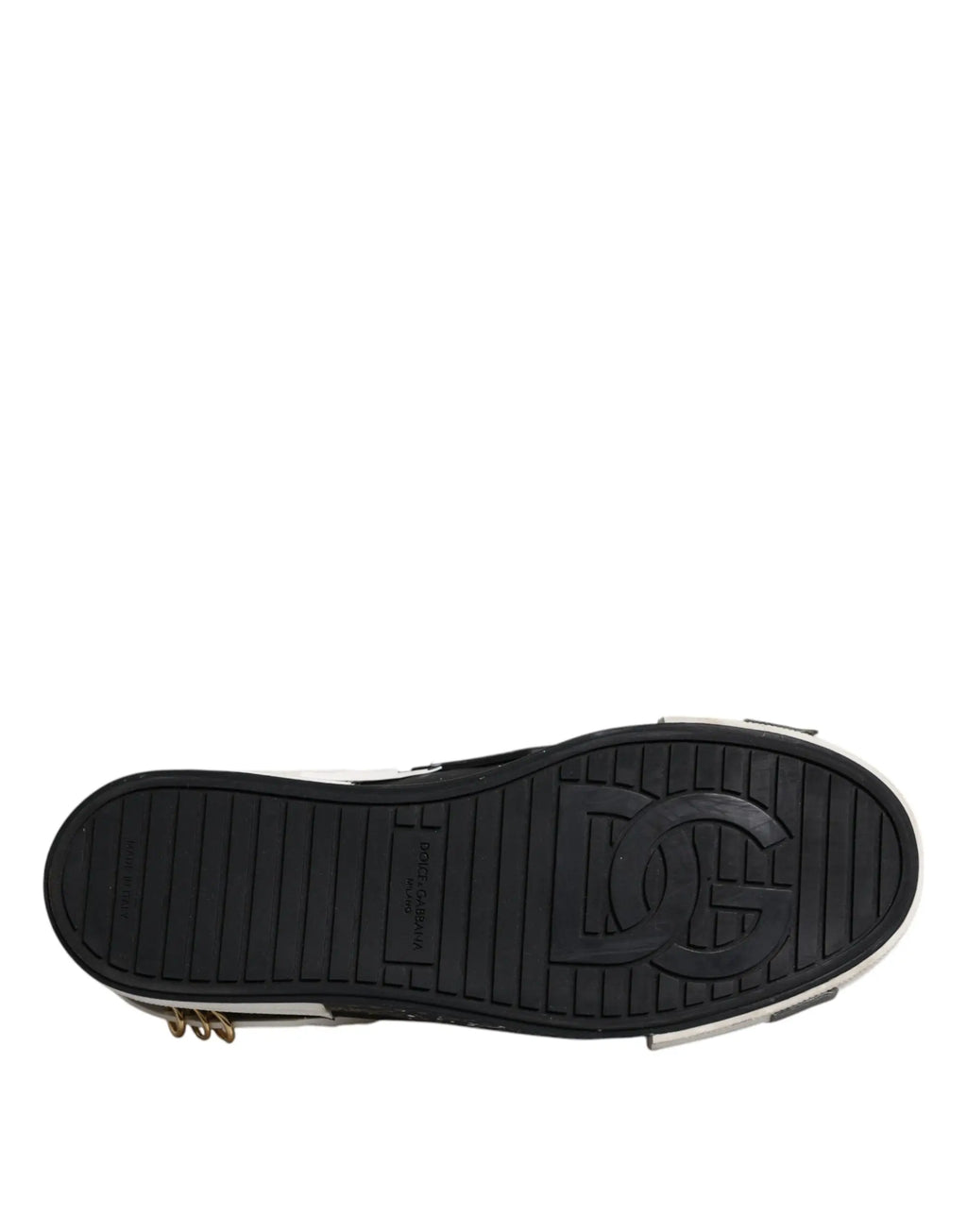 Semelle en caoutchouc noire avec logo dg embossé et bord blanc sur baskets basses portofino de dolce & gabbana