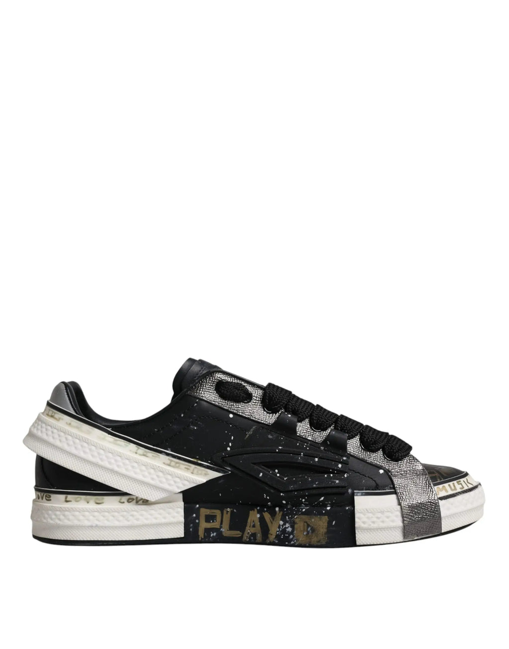 Baskets basses dolce & gabbana portofino noires et argentées distressed avec lettrage or play sur le côté