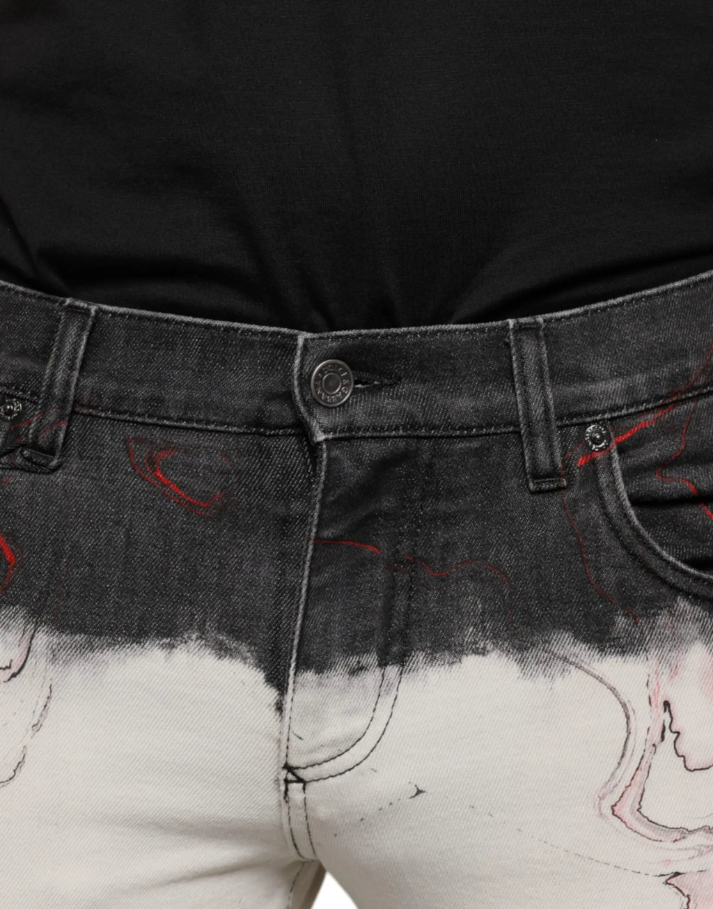 Jean skinny pour homme dolce & gabbana en denim noir à lavage foncé avec dégradé dip-dye blanc et éclaboussures rouges et noires abstraites