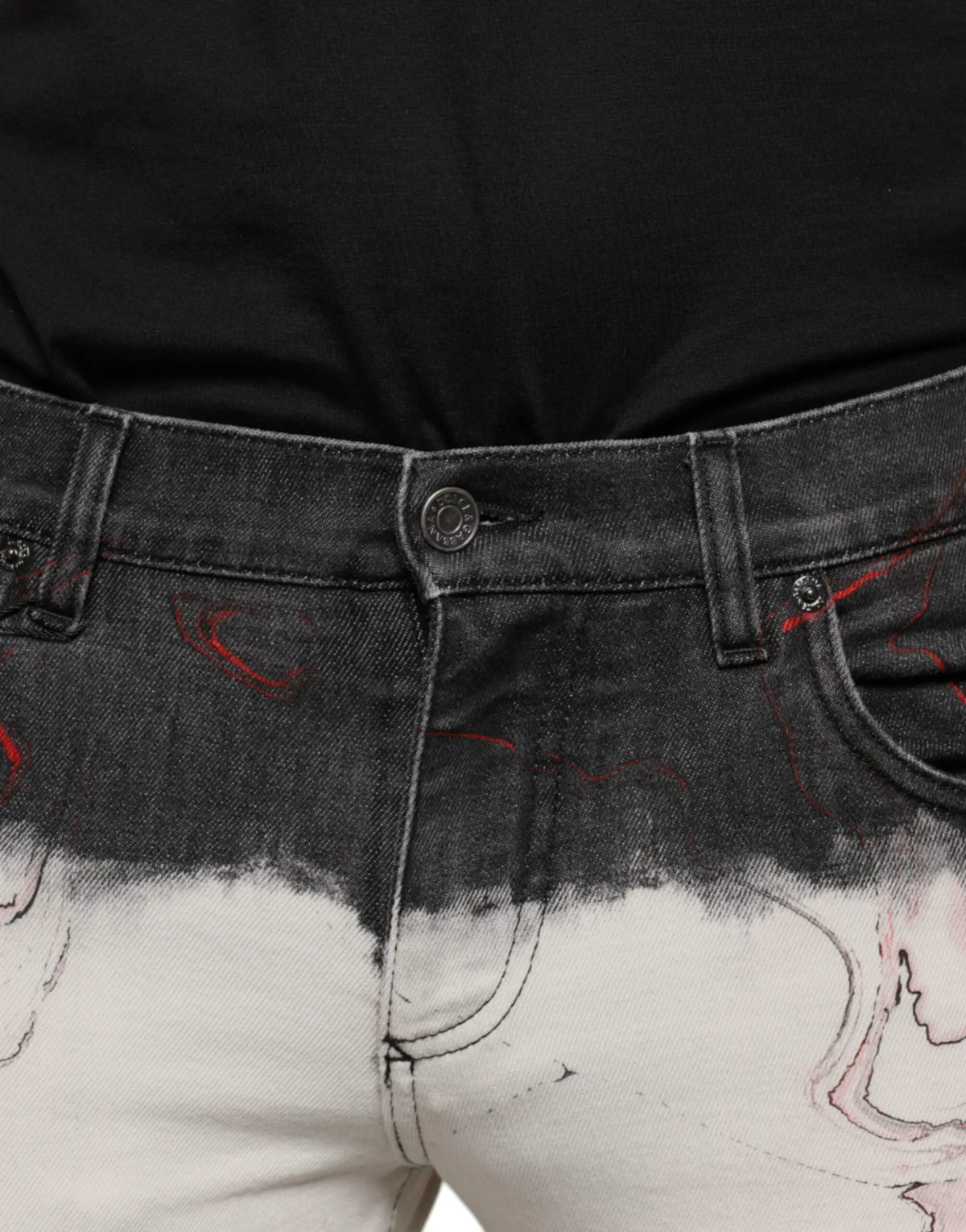 Jean skinny pour homme dolce & gabbana en denim noir à lavage foncé avec dégradé dip-dye blanc et éclaboussures rouges et noires abstraites