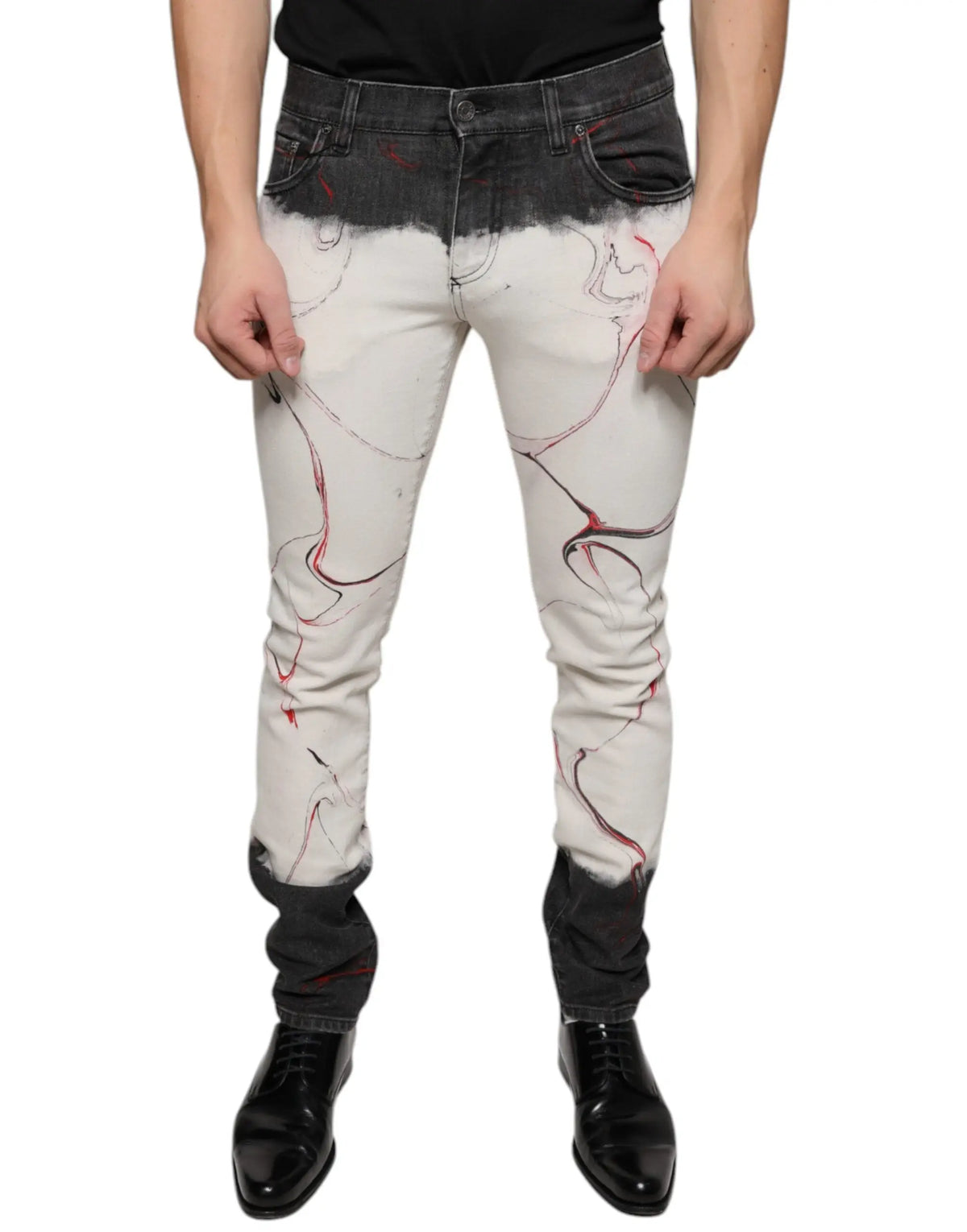 Dolce & Gabbana jean slim imprimé homme en denim blanc et noir avec éclaboussures de peinture rouge