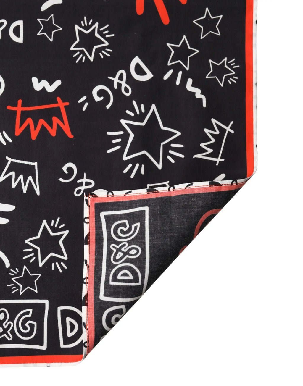 Écharpe en coton noire dolce gabbana avec motifs graphiques blancs et rouges et étoiles foulard 47cm x 46cm