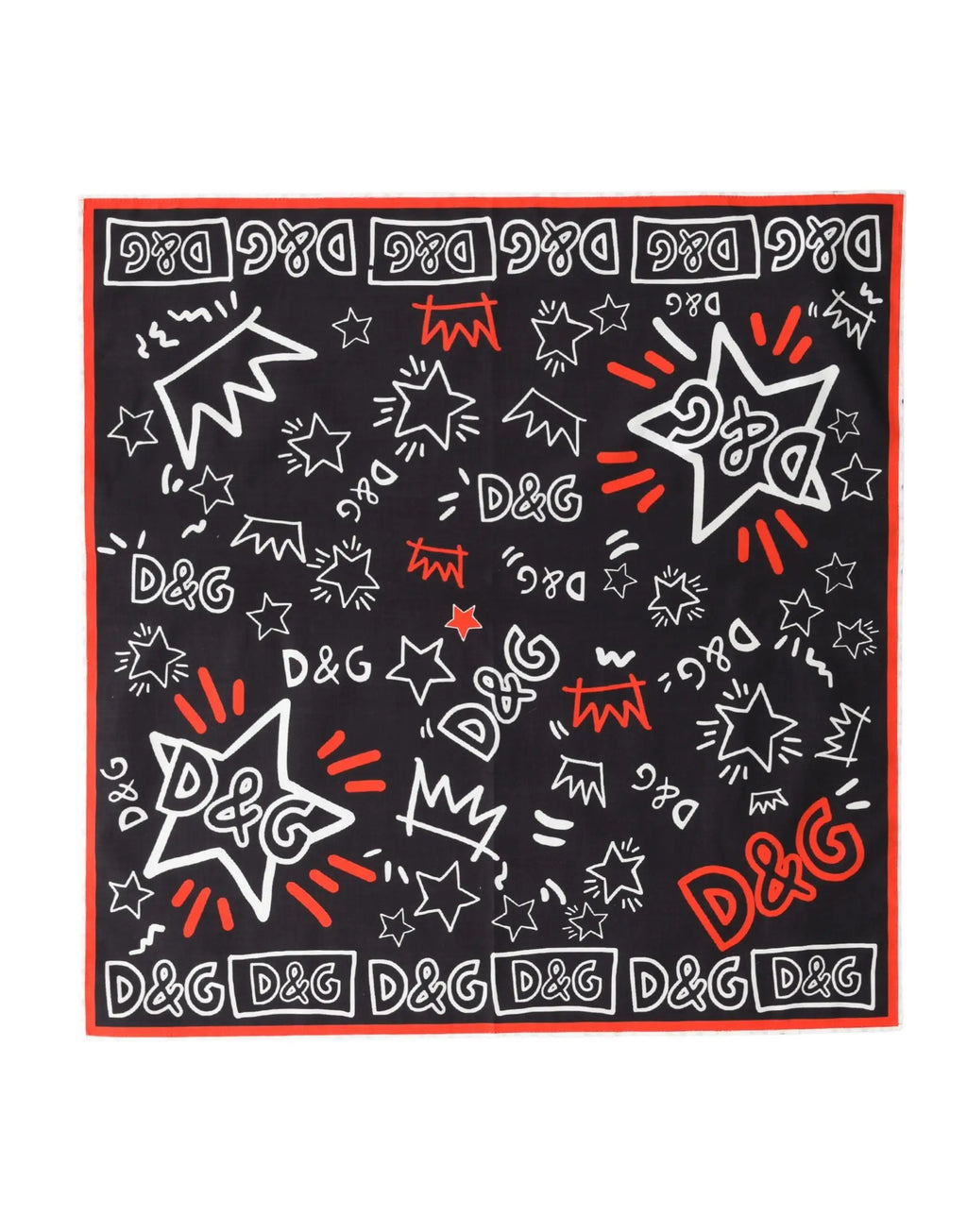 Écharpe foulard dolce & gabbana noire coton avec motifs graffiti blancs et rouges étoiles montagnes logos d&g répétés
