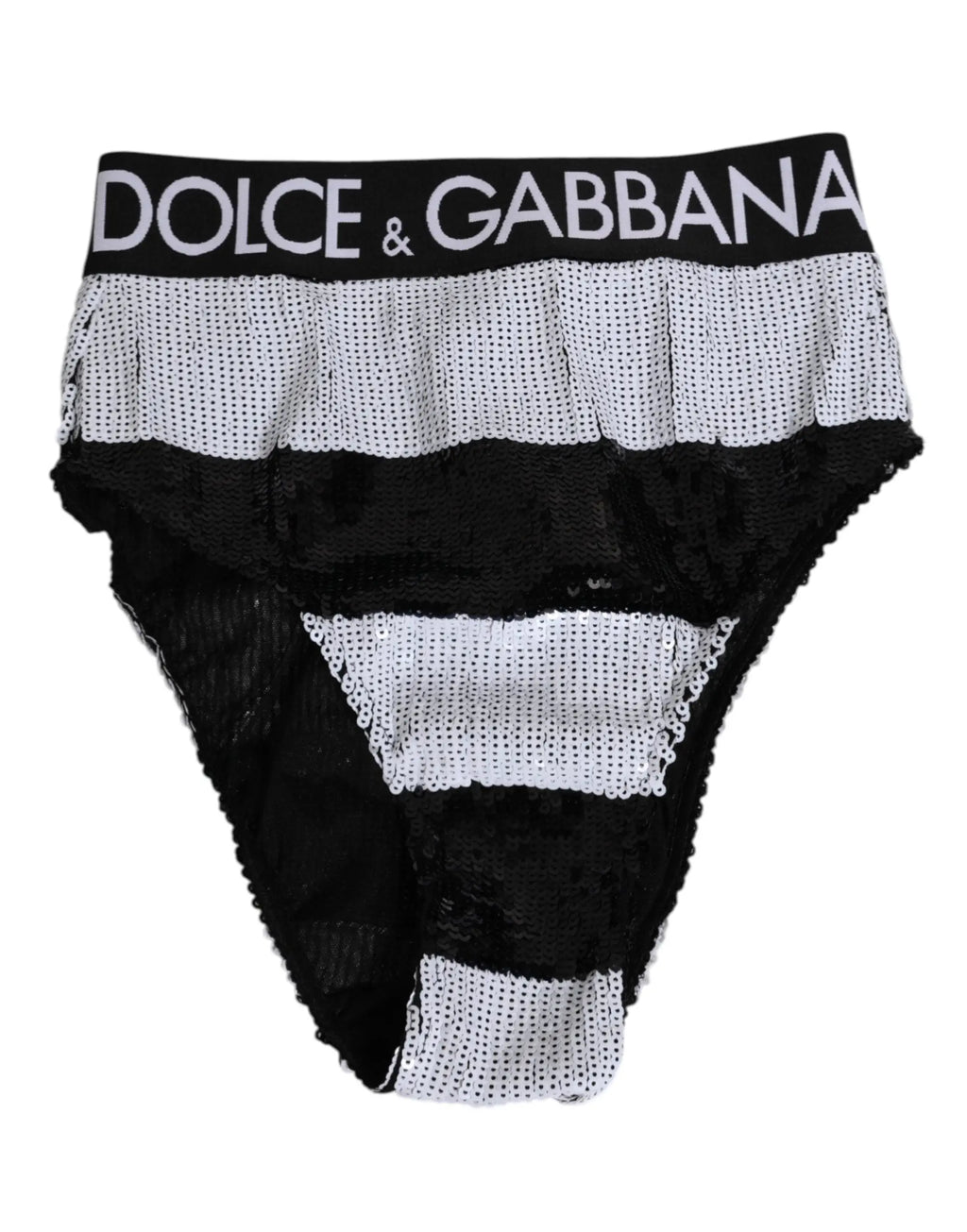 Culotte taille haute dolce & gabbana noire et blanche à rayures avec motif en maille sequins et logo sur la ceinture