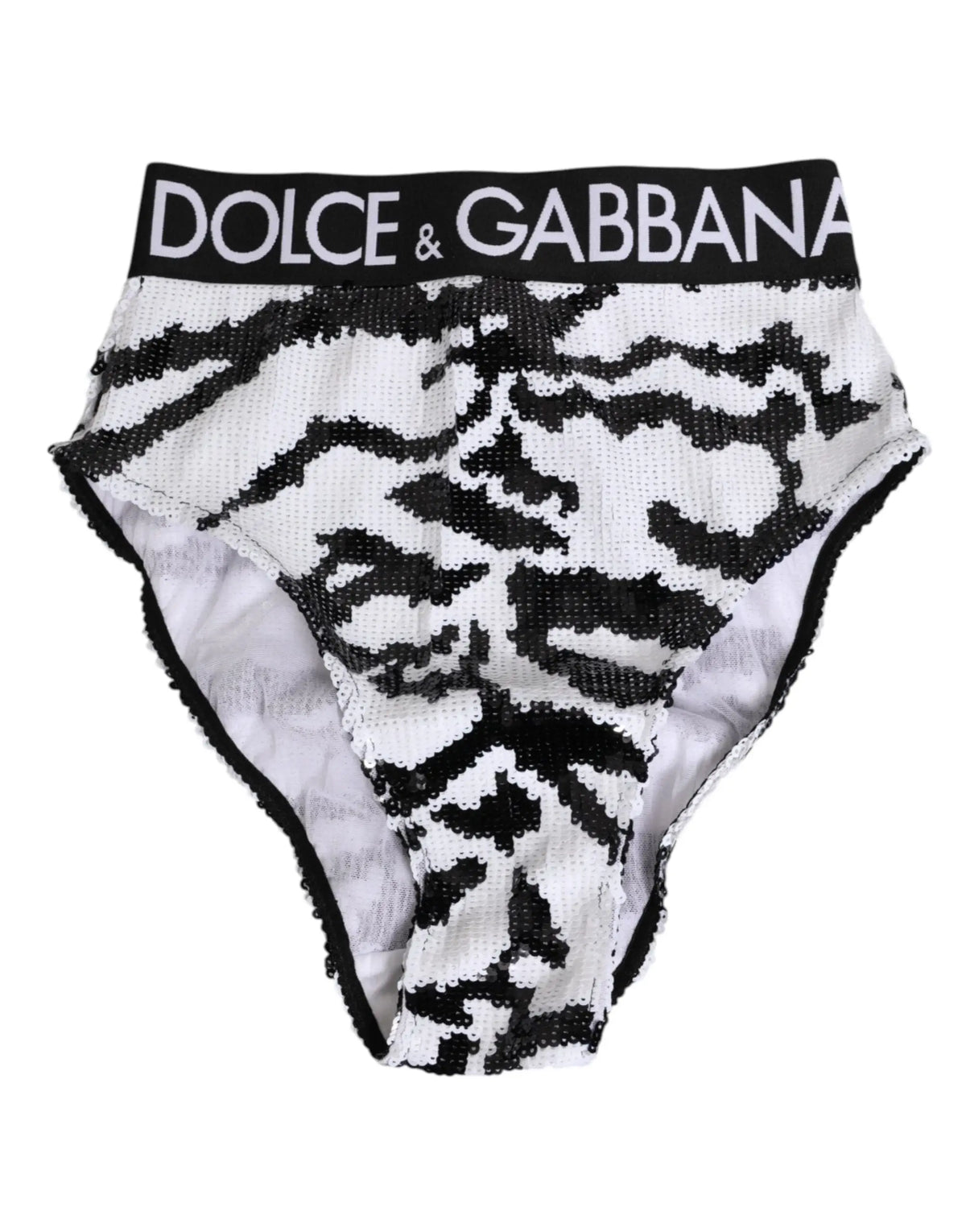 Culotte bikini taille haute dolce gabbana noire blanche à sequins avec motif zèbre et logo sur la ceinture