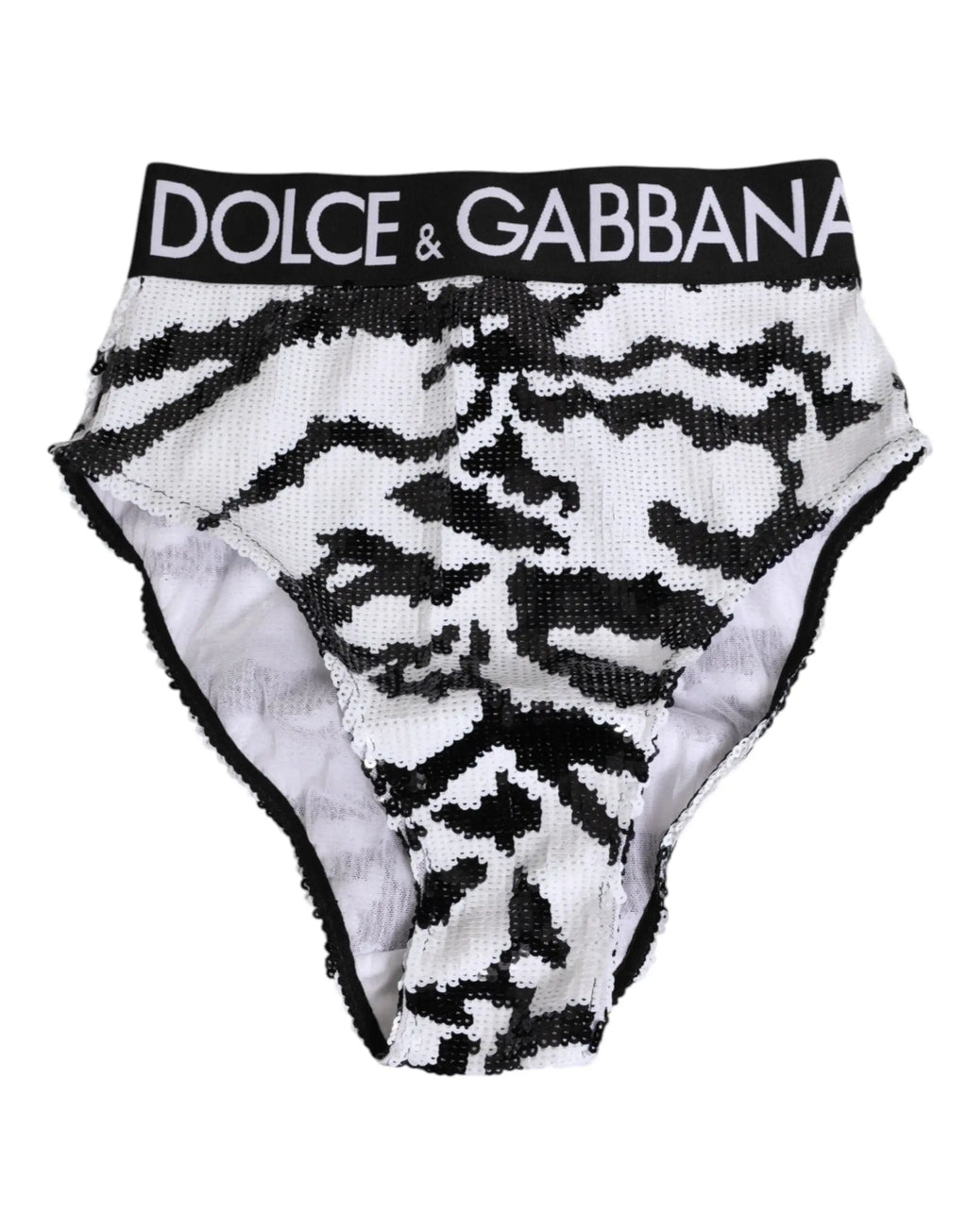 Culotte bikini taille haute dolce gabbana noire et blanche à sequins motif zèbre avec logo sur la ceinture