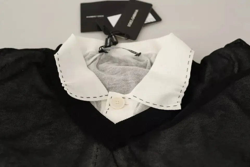 Blouse noire dolce & gabbana avec col blanc net, couture contrastée en pointillés et bouton crème avant