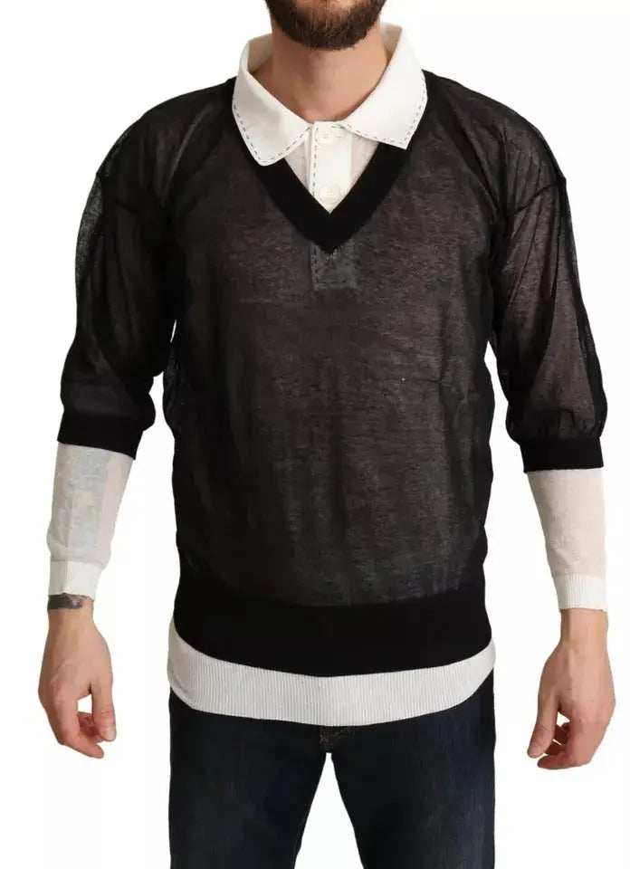 Pull à col en v noir transparent dolce & gabbana avec col blanc contrastant et poignets côtelés, superposé à une chemise blanche