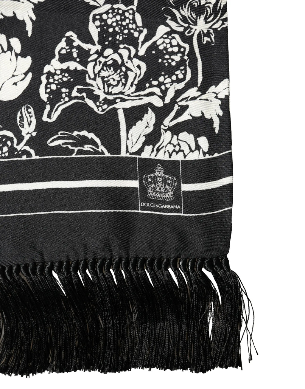 Écharpe dolce & gabbana en soie noire avec motif floral blanc et bords à franges 136 cm x 15,5 cm