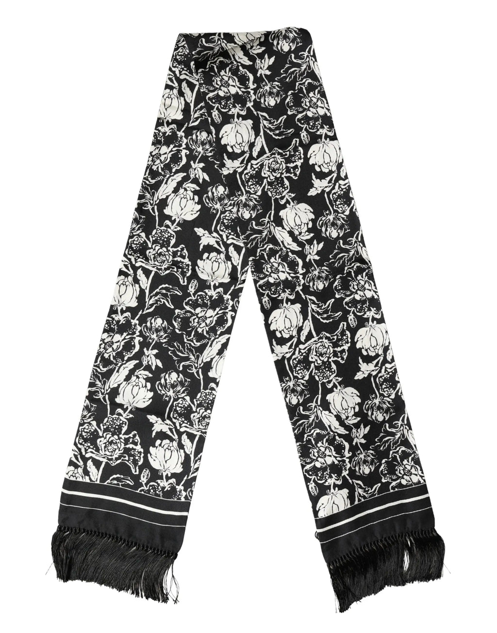 Écharpe dolce & gabbana noire en soie avec motif floral blanc et franges 136cm x 15,5cm