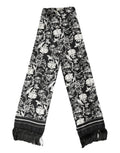 Écharpe dolce & gabbana noire en soie avec motif floral blanc et franges 136cm x 15,5cm