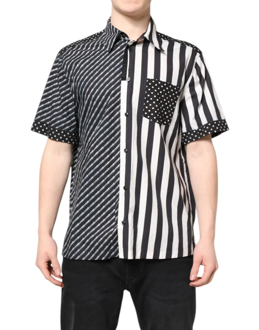 Dolce & gabbana chemise décontractée noire et blanche à rayures diagonales et verticales avec détails à pois sur poche et manches