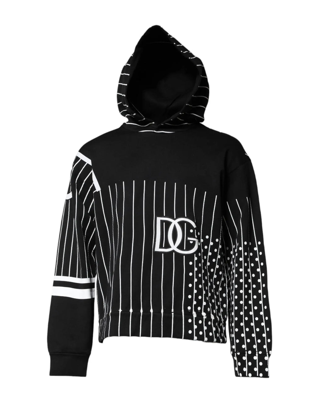 Sweat à capuche court dolce & gabbana noir avec rayures blanches verticales pois et logo dg sur la poitrine