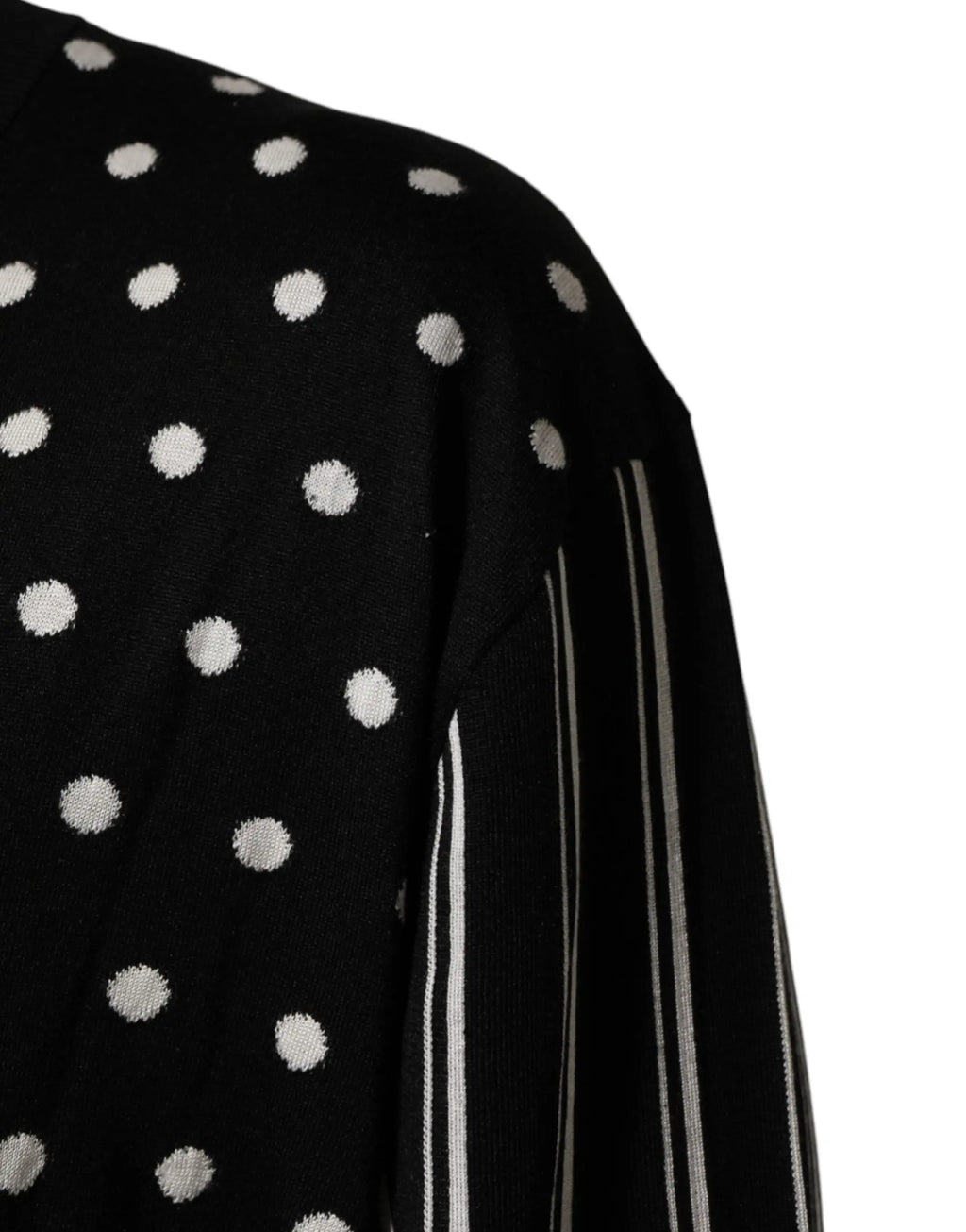 Pull-over dolce & gabbana noir à col en v avec pois blancs et rayures verticales sur la manche