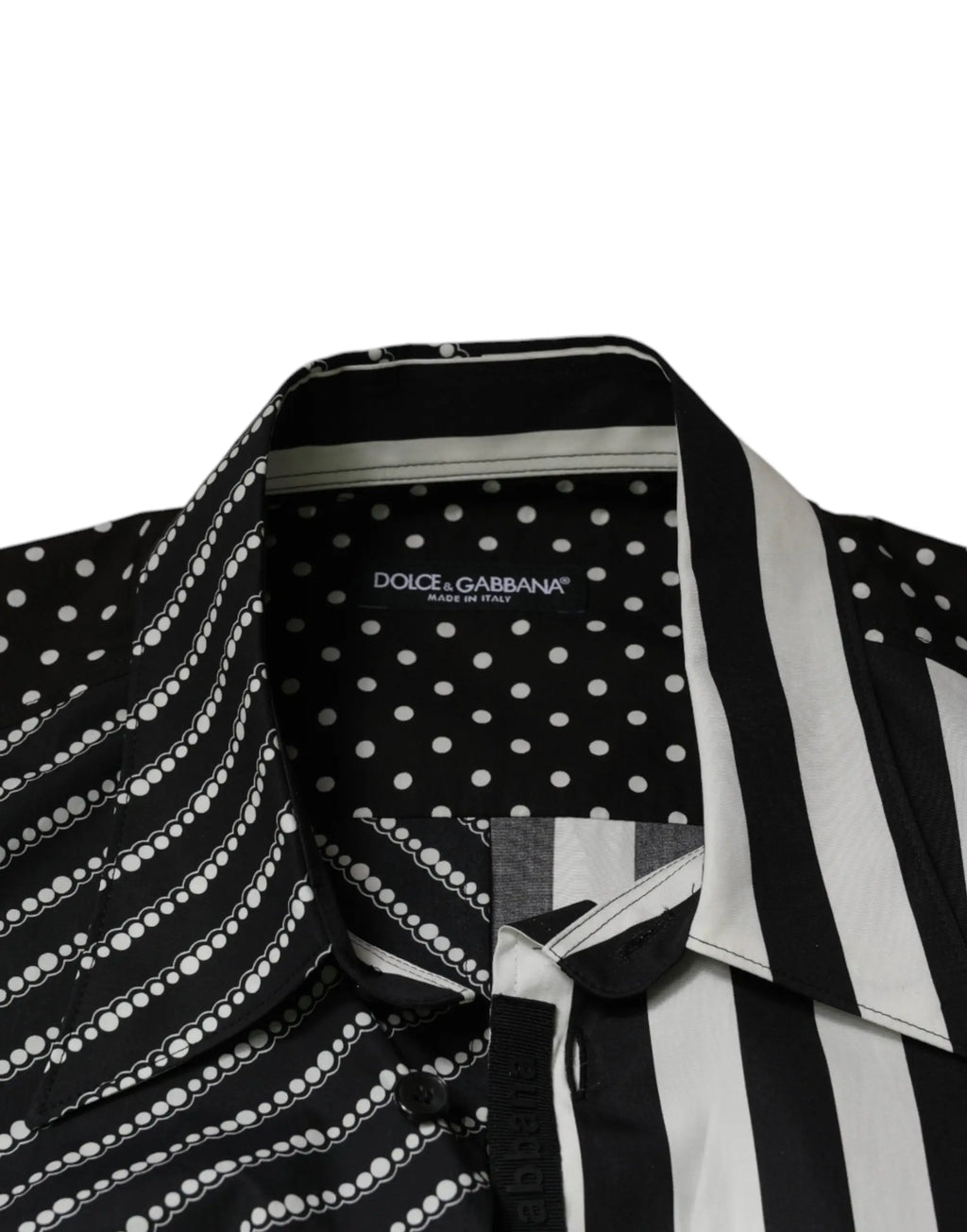 Chemise dolce & gabbana noire et blanche à rayures verticales audacieuses avec pois et lignes pointillées