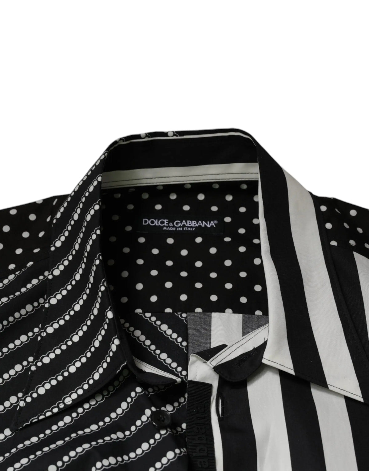 Chemise dolce & gabbana noire et blanche à rayures verticales audacieuses avec pois et lignes pointillées