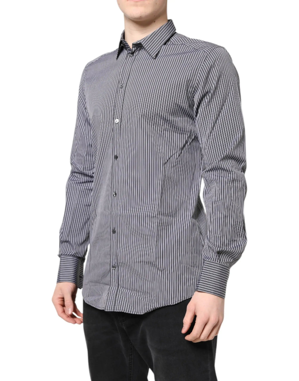 Chemise formelle dolce & gabbana noire et blanche à rayures avec motifs verticaux subtils gris foncé et noir manches longues