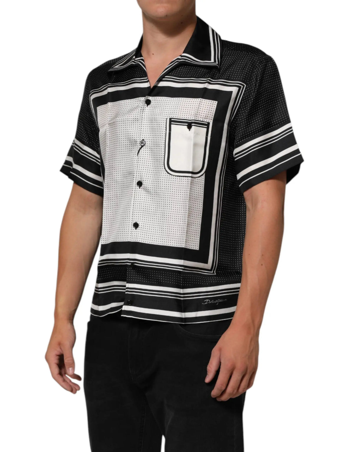 Chemise polo décontractée dolce & gabbana noire et blanche à manches courtes avec motif géométrique et texture perforée