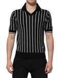 Polo dolce & gabbana noir blanc à rayures verticales avec col en v et manches courtes en coton