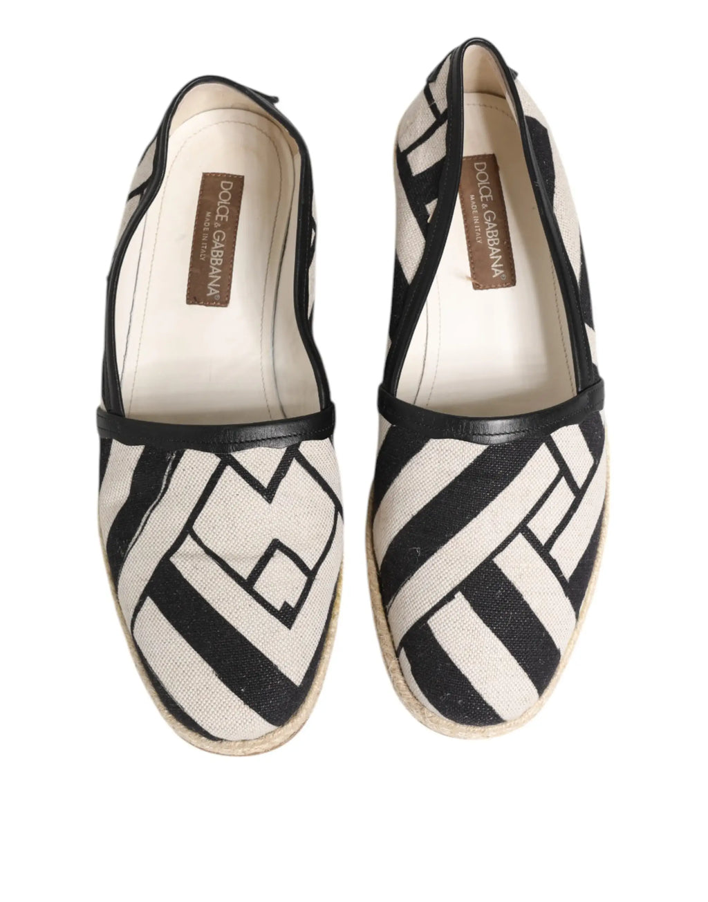 Espadrilles plates dolce & gabbana à motifs géométriques noir et blanc en toile avec semelle en corde