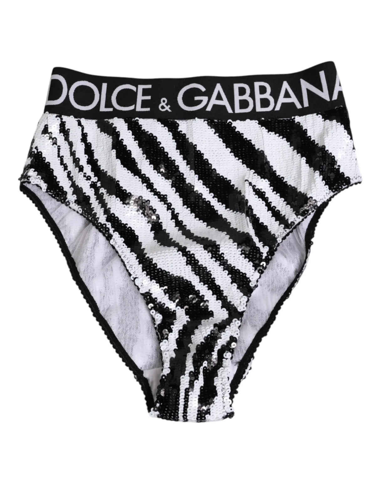 Culotte haute noire et blanche à imprimé zèbre sequins dolce & gabbana avec ceinture élastique noire logo argent
