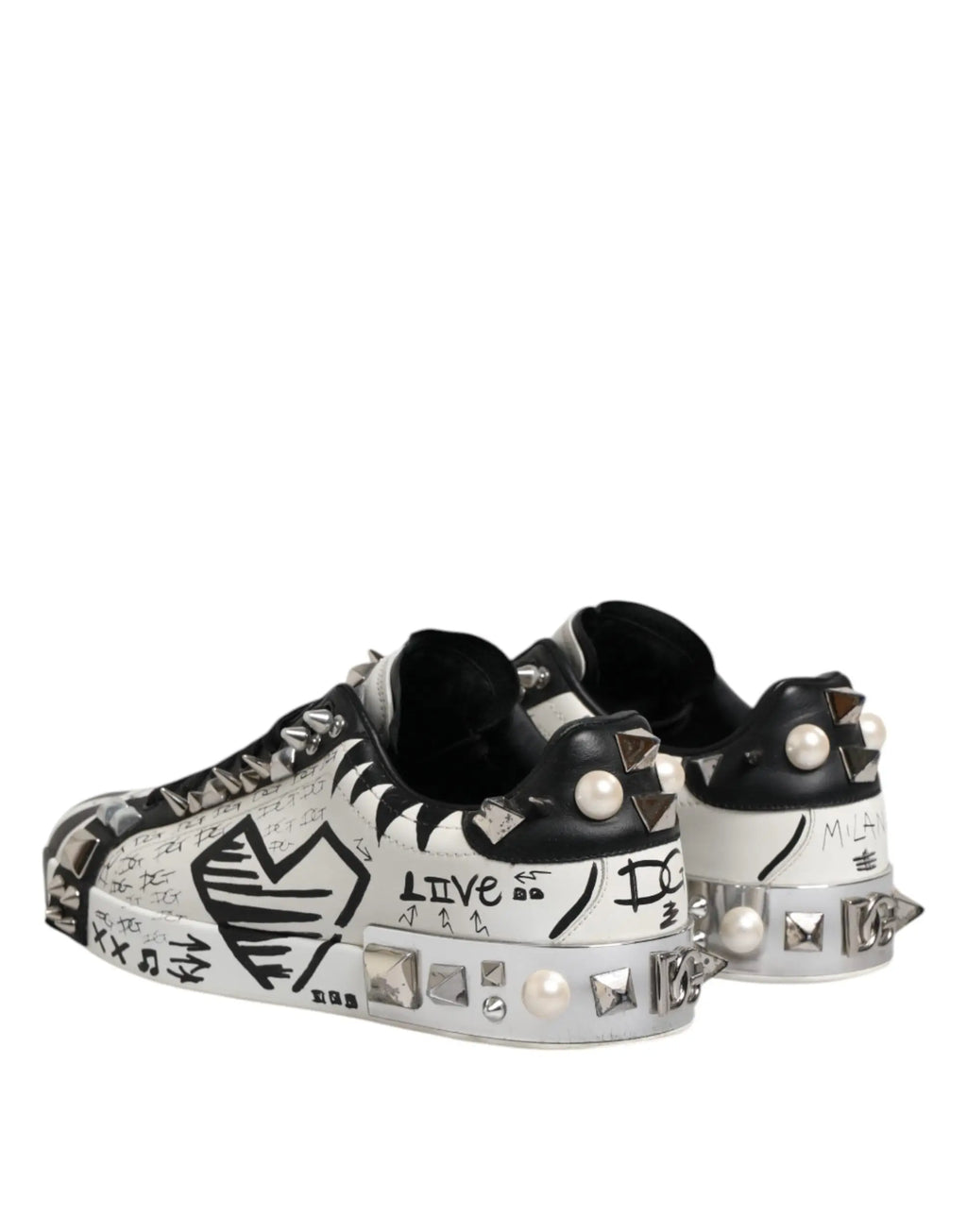 Dolce & Gabbana black and silver studded low top sneakers with graffiti artwork and pearl accents