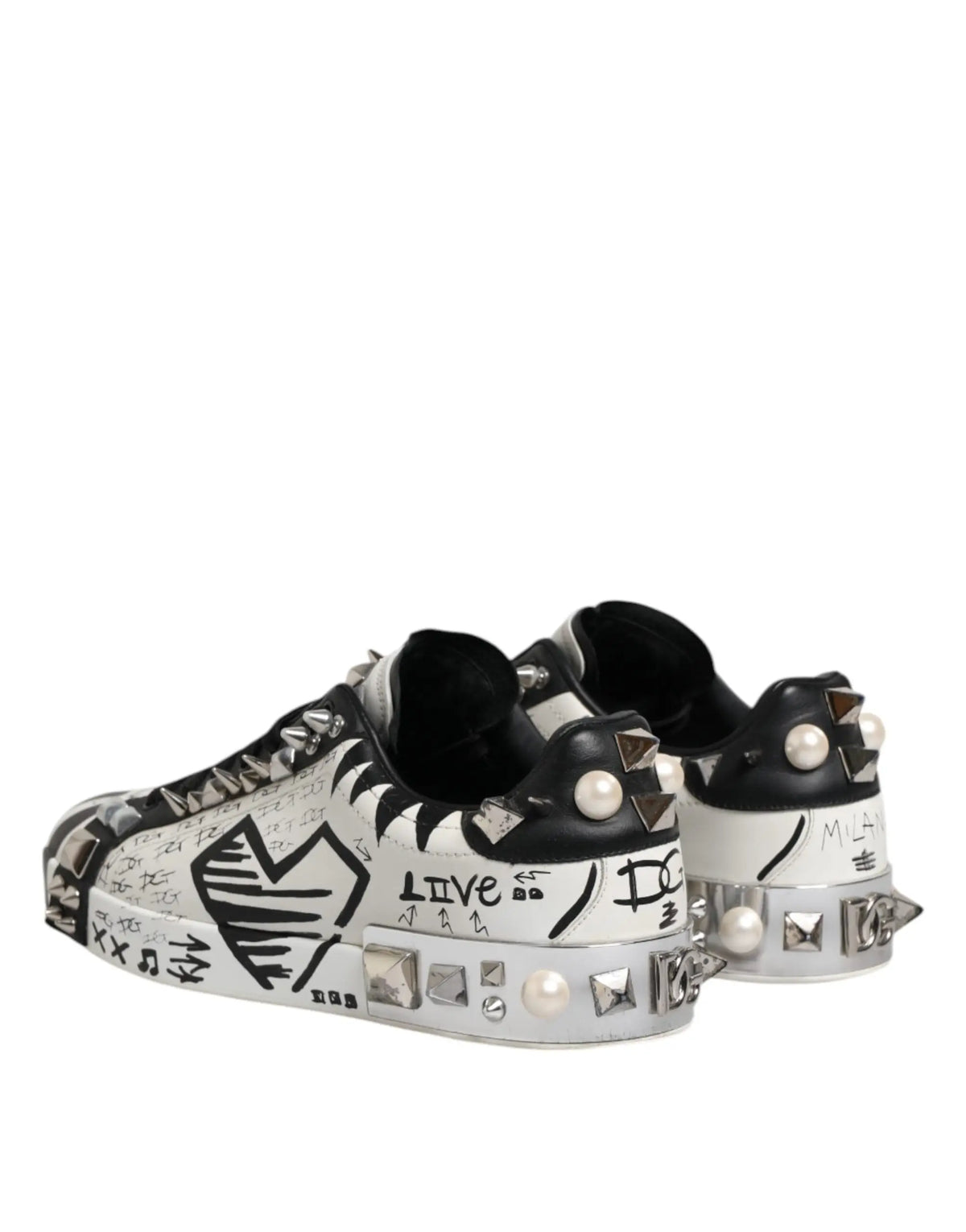 Dolce & Gabbana black and silver studded low top sneakers with graffiti artwork and pearl accents
