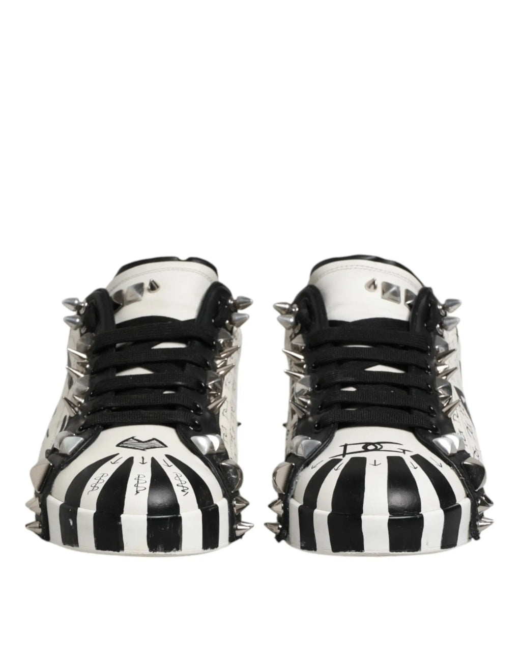 Baskets basses dolce & gabbana noires et blanches à rayures avec pointes argentées et logo distinctif sur l’orteil