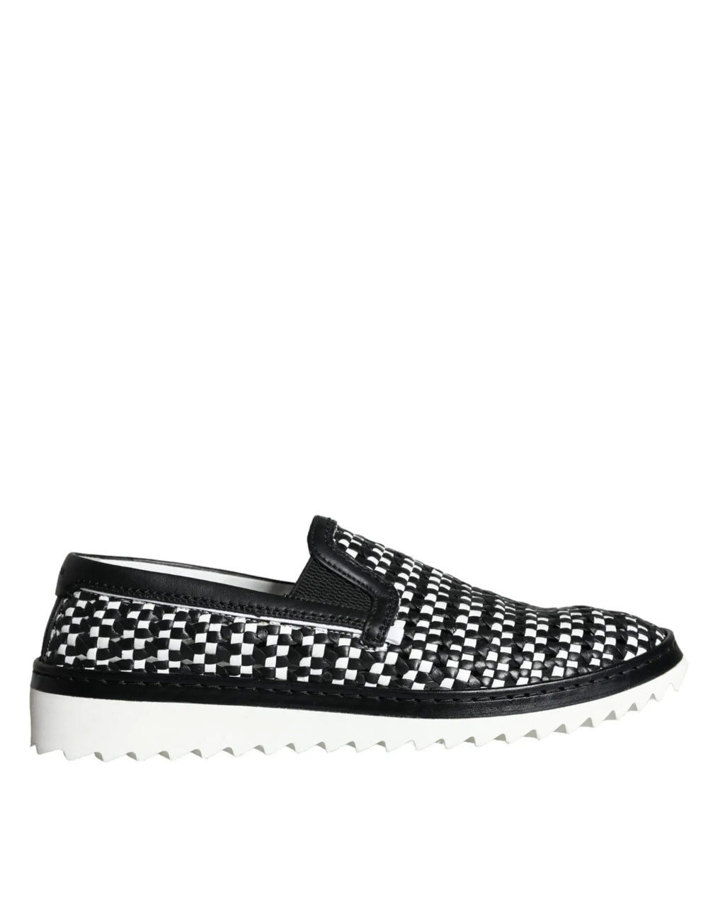 Dolce & gabbana mocassins homme noirs et blancs en tissu tissé à motif quadrillé avec semelle en caoutchouc noire dentelée