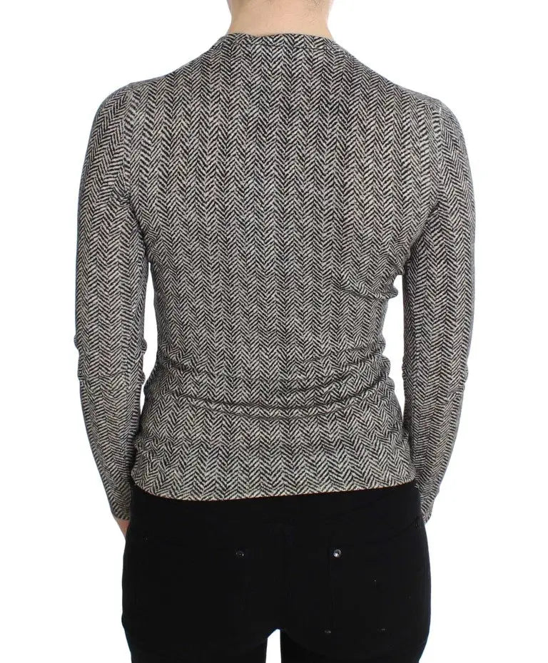 Dolce & gabbana pull cardigan en laine noir blanc avec motif chevrons gris et noir col montant manches longues
