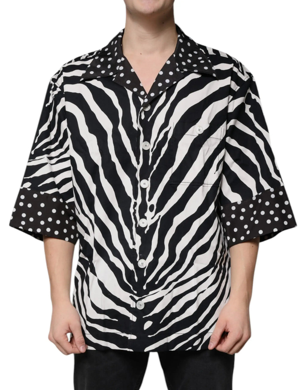 Chemise oversize dolce & gabbana noire et blanche à rayures zébrées avec col et poignets à pois