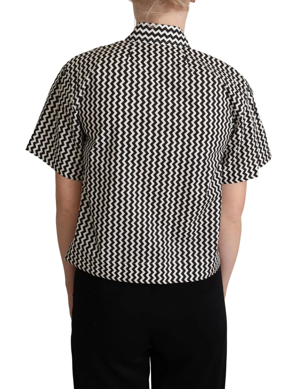 Blouse courte à manches courtes dolce gabbana en coton noir et blanc motif zigzag avec col