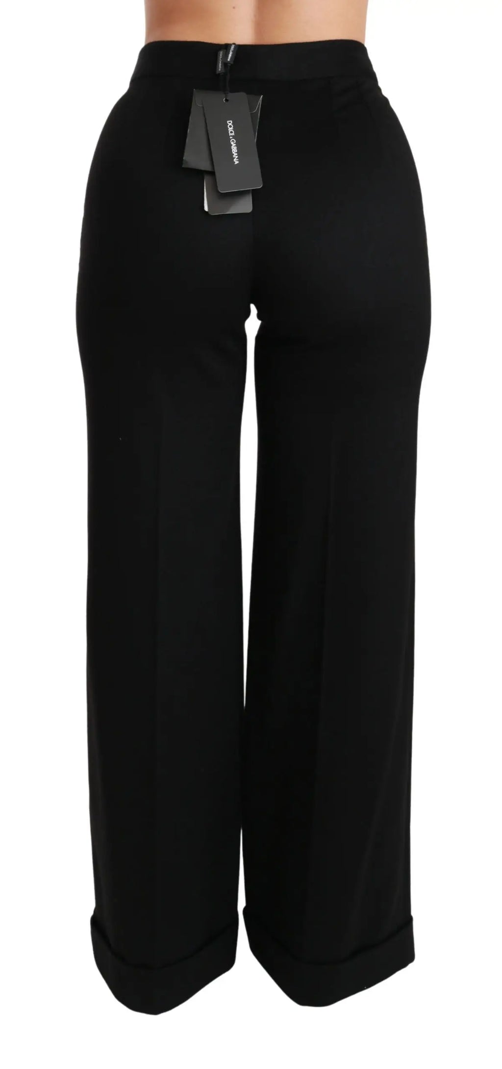 Pantalon large noir dolce & gabbana en cachemire avec taille haute et revers roulés en tissu élégant