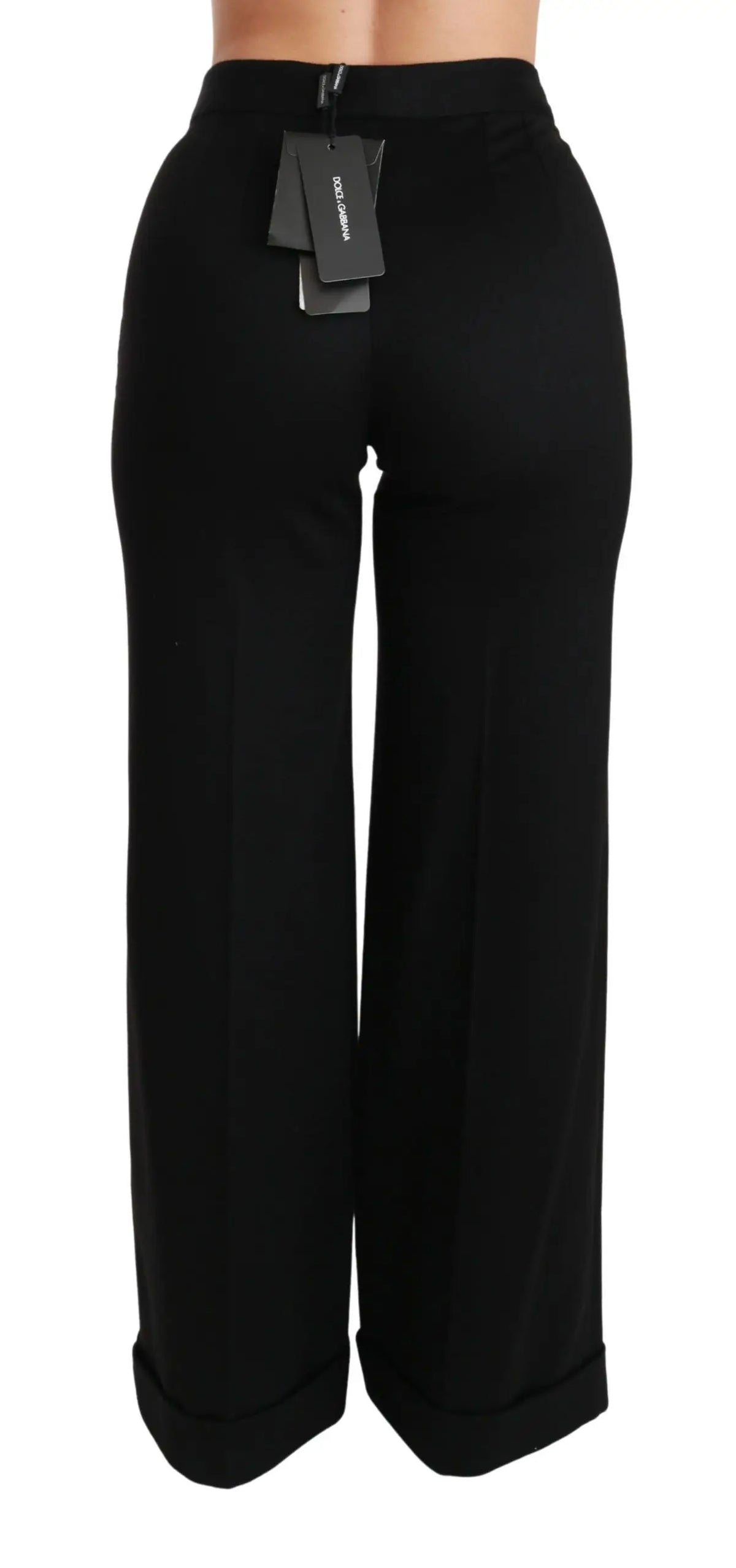 Pantalon large noir dolce & gabbana en cachemire avec taille haute et revers roulés en tissu élégant
