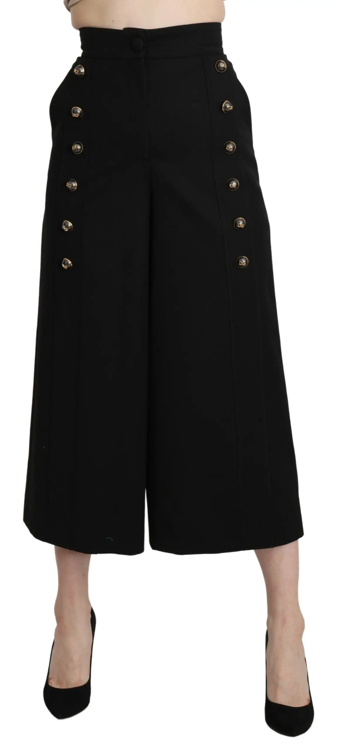 Pantalon cropped large en laine noire dolce & gabbana avec boutons dorés décorant chaque jambe style culotte taille haute