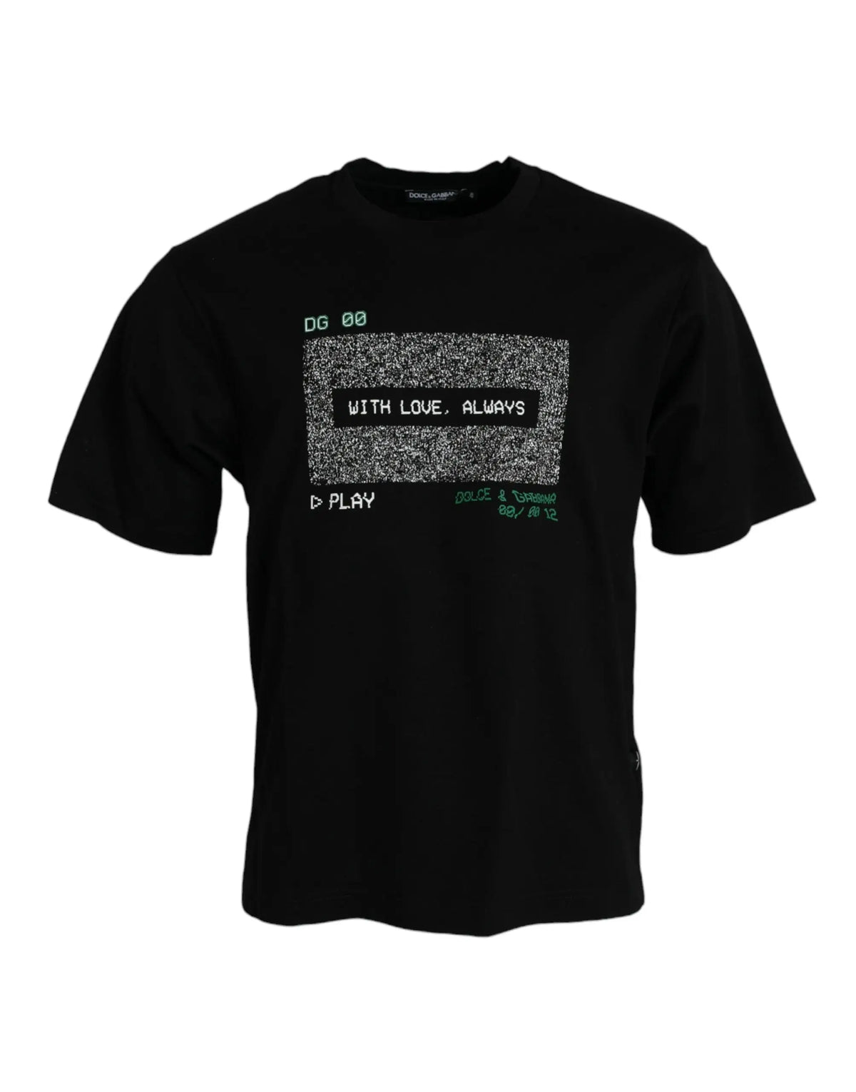 T-shirt dolce & gabbana noir en coton avec design vintage écran tv statique et texte avec love always en lettres vertes digitales