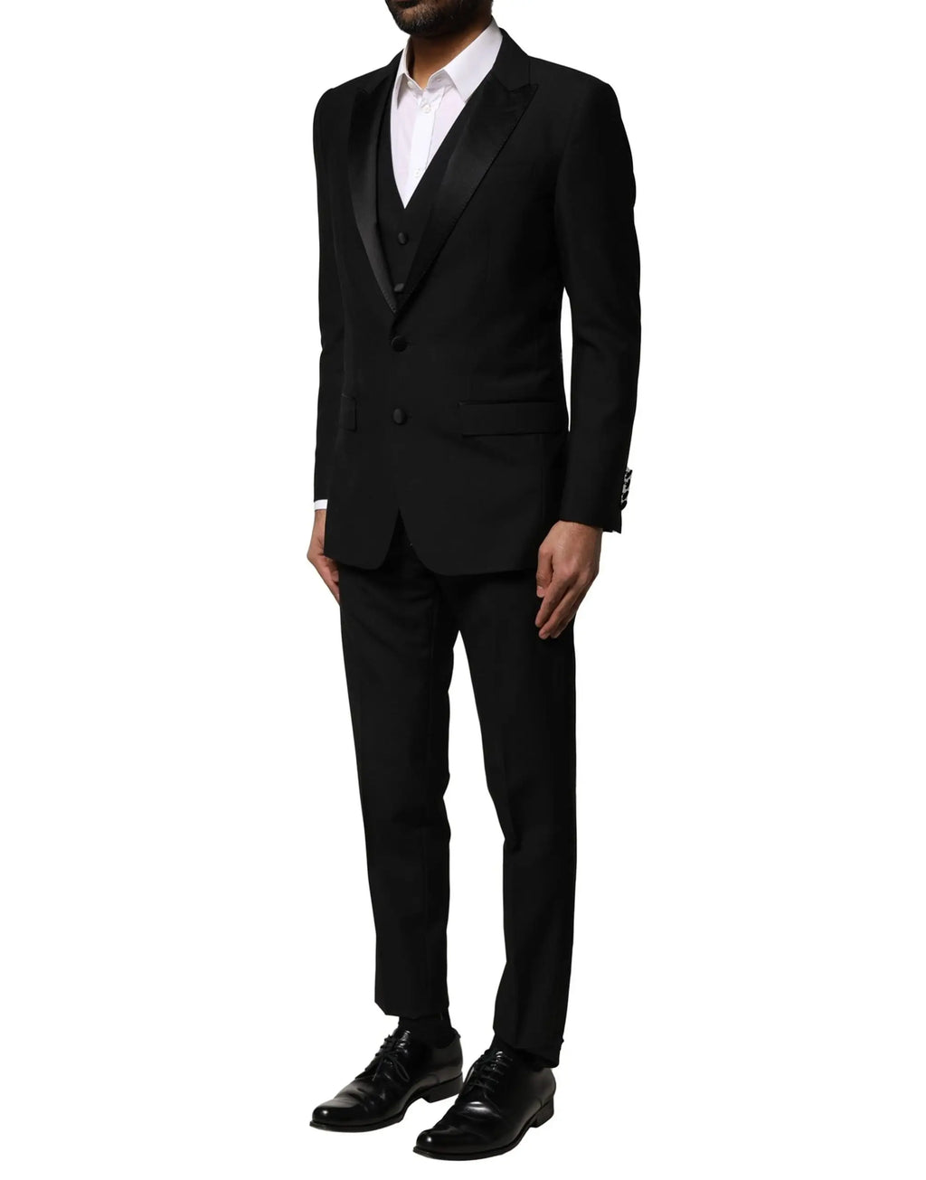 Dolce & gabbana costume trois pièces noir en laine avec veston et revers en satin pour occasions formelles