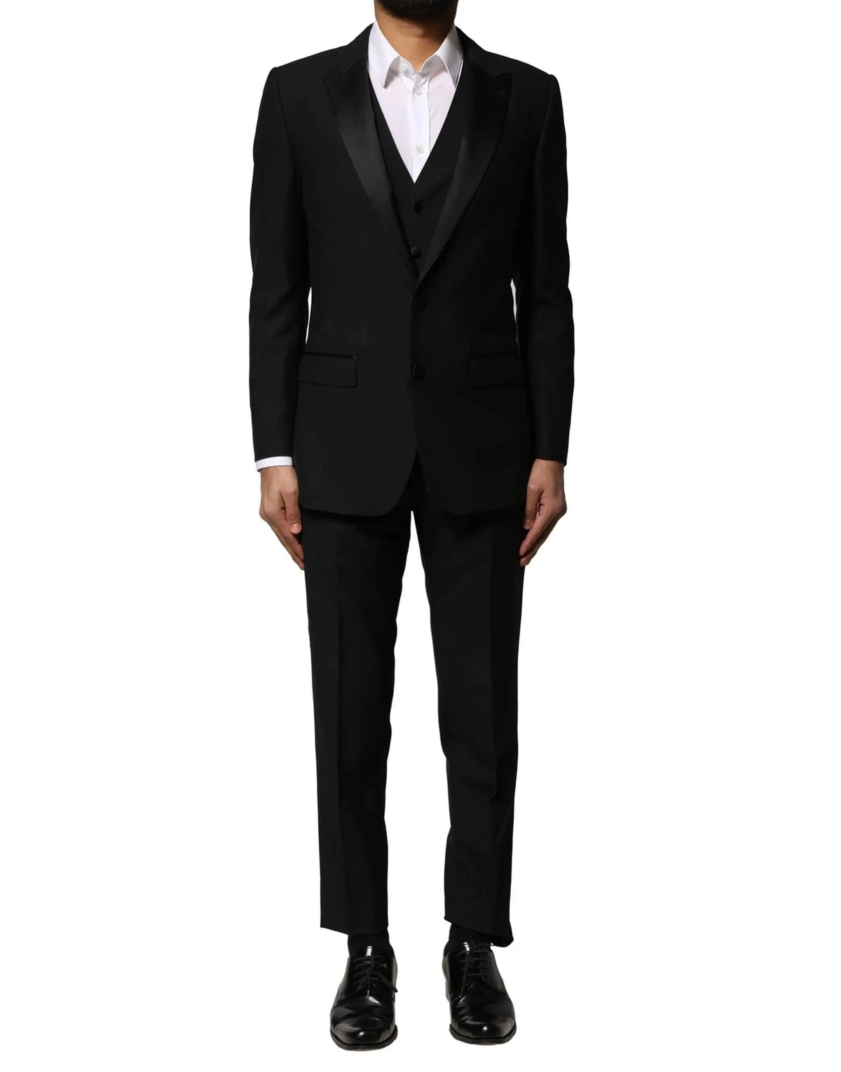Dolce & gabbana costume trois pièces noir en laine avec col en satin et gilet assorti