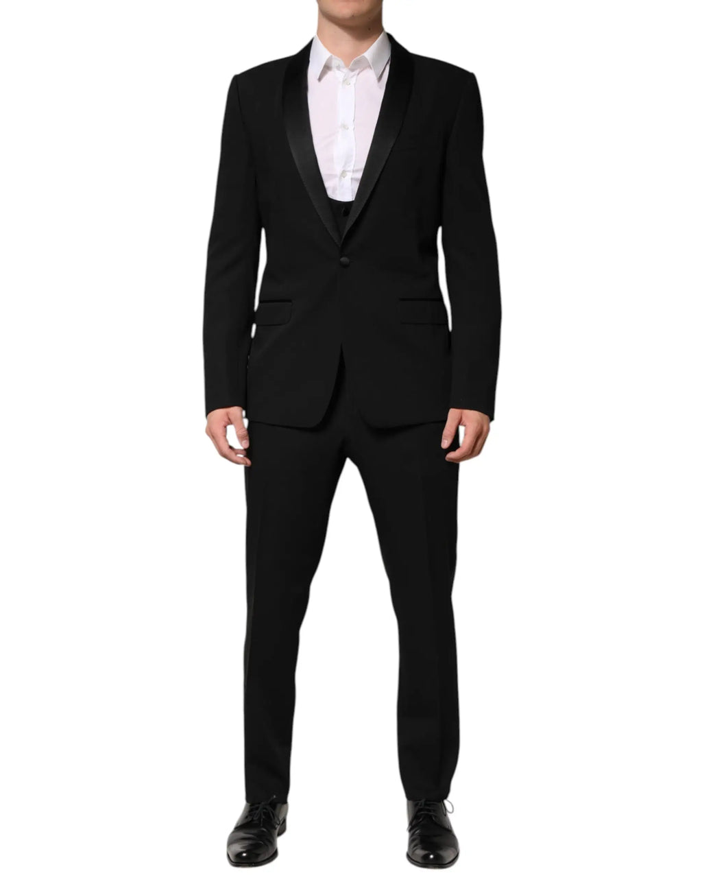 Costume trois pièces dolce & gabbana en laine noire avec revers en satin pour un style élégant et formel
