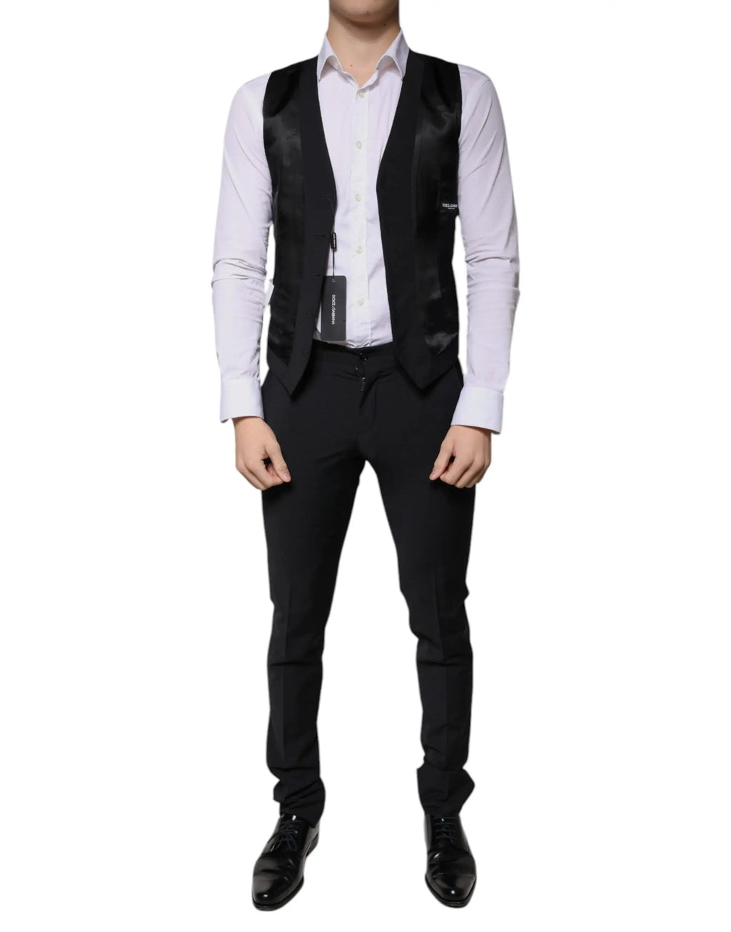 Gilet noir en satin dolce & gabbana à coupe ajustée avec logo discret pour costume formel homme en laine slim fit