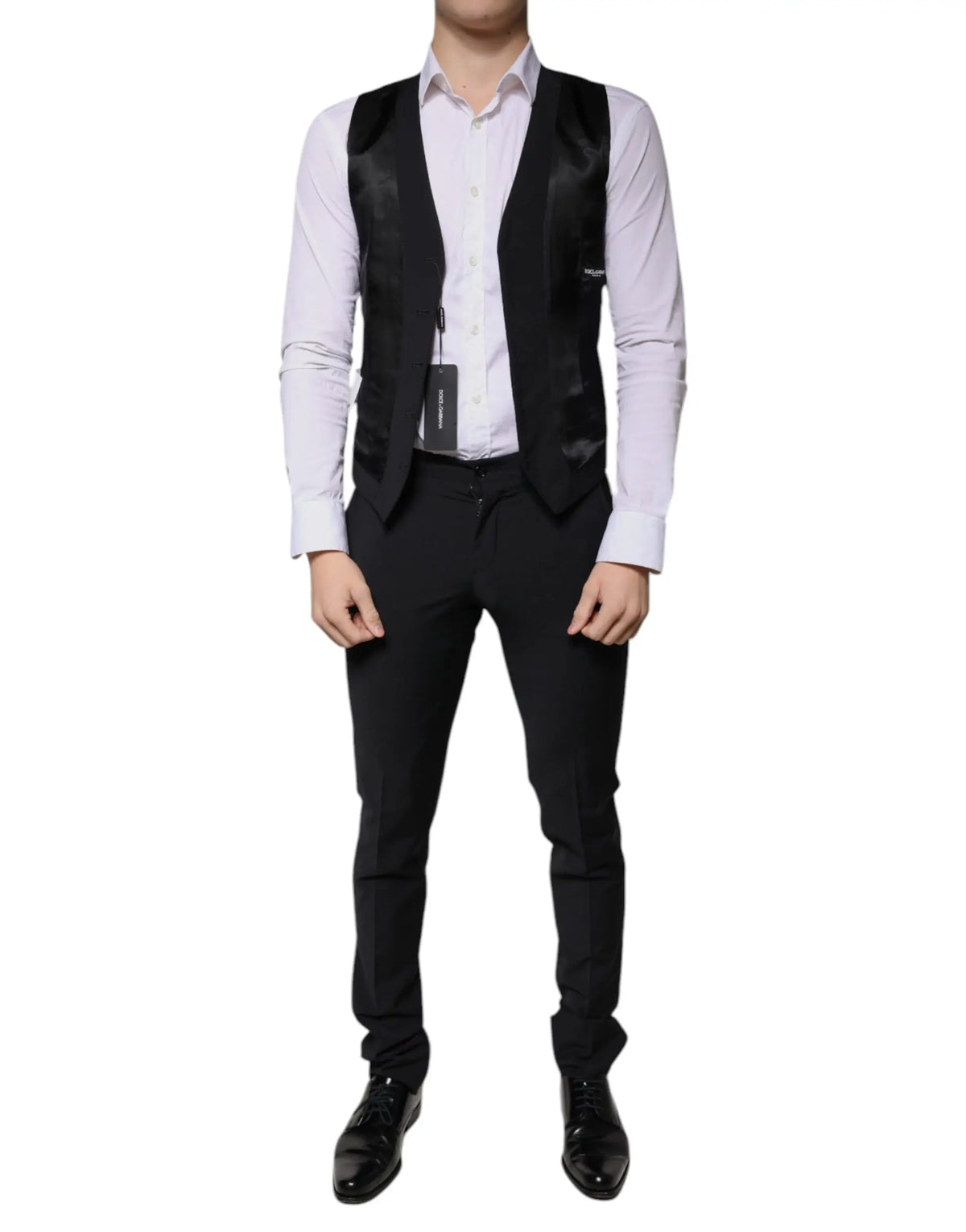Gilet noir en satin dolce & gabbana à coupe ajustée avec logo discret pour costume formel homme en laine slim fit