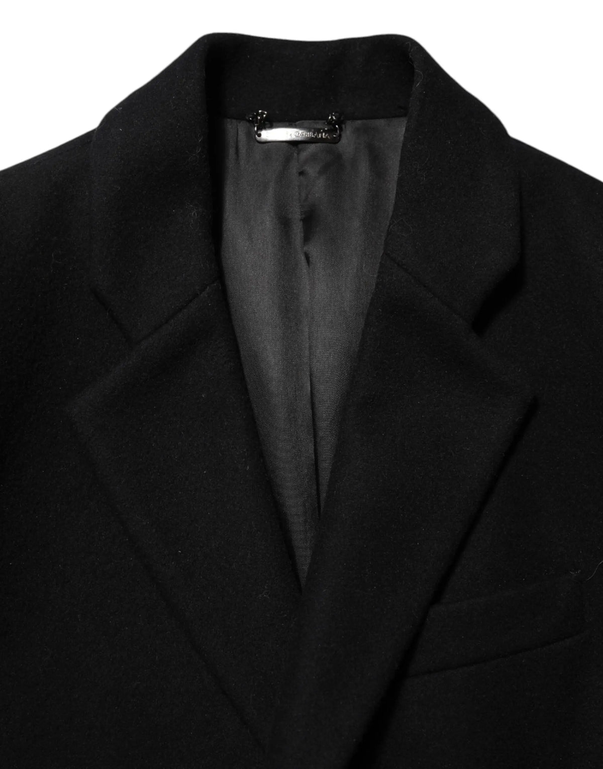 Dolce & gabbana manteau trench noir en laine pour homme avec col structuré et étiquette argentée au niveau du col