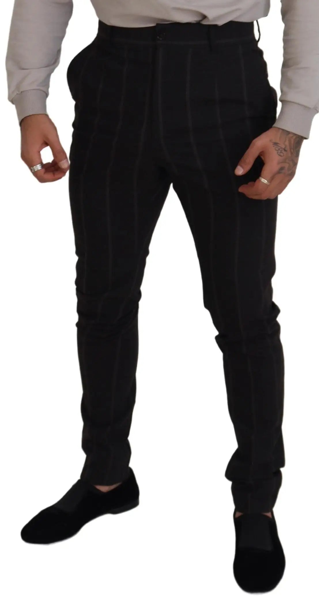 Pantalon habillé pour homme dolce gabbana en laine noire coupe slim avec fines rayures verticales discrètes
