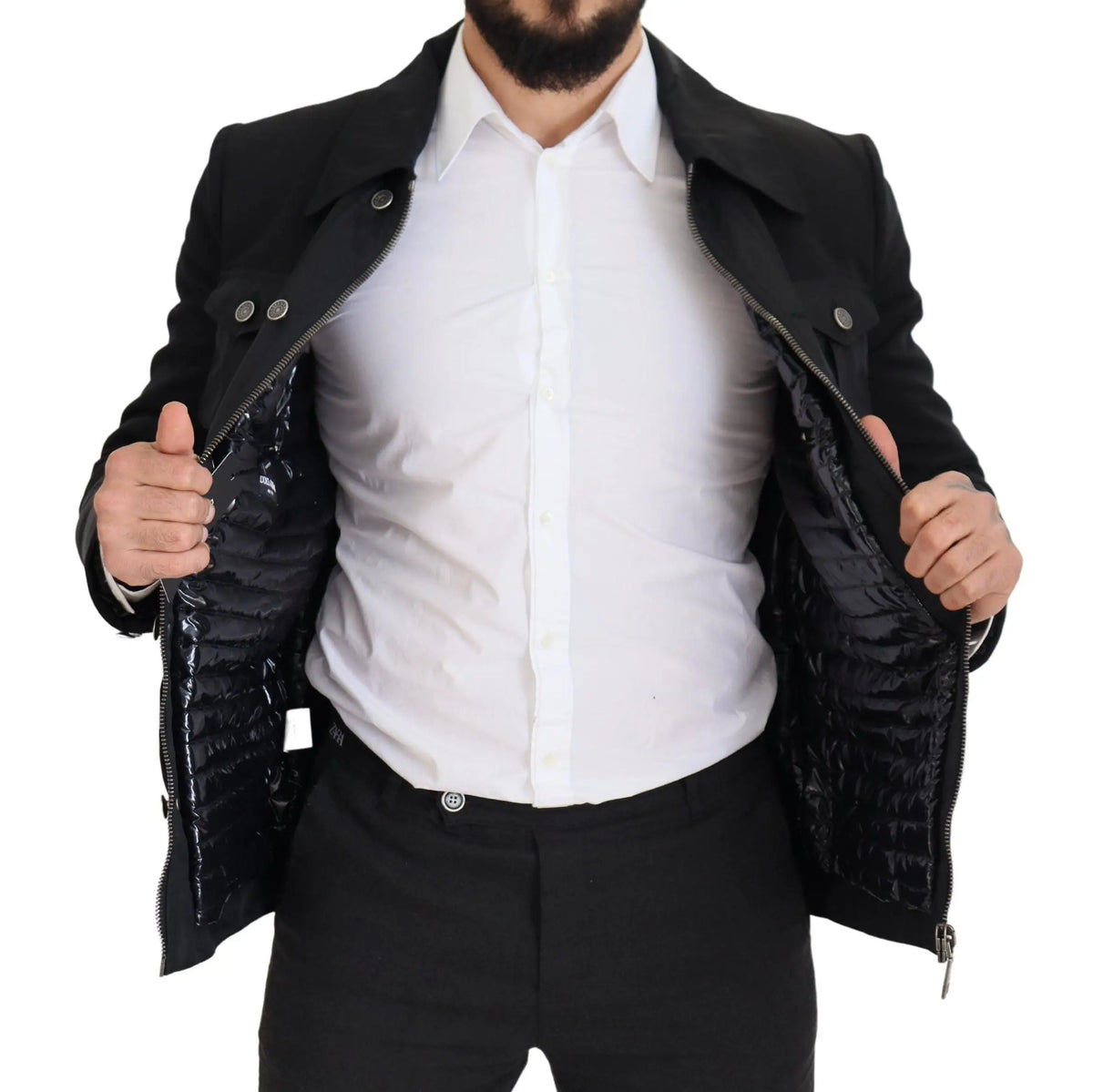 Dolce & Gabbana veste noire en laine à col avec fermeture éclair intégrale et doublure intérieure brillante