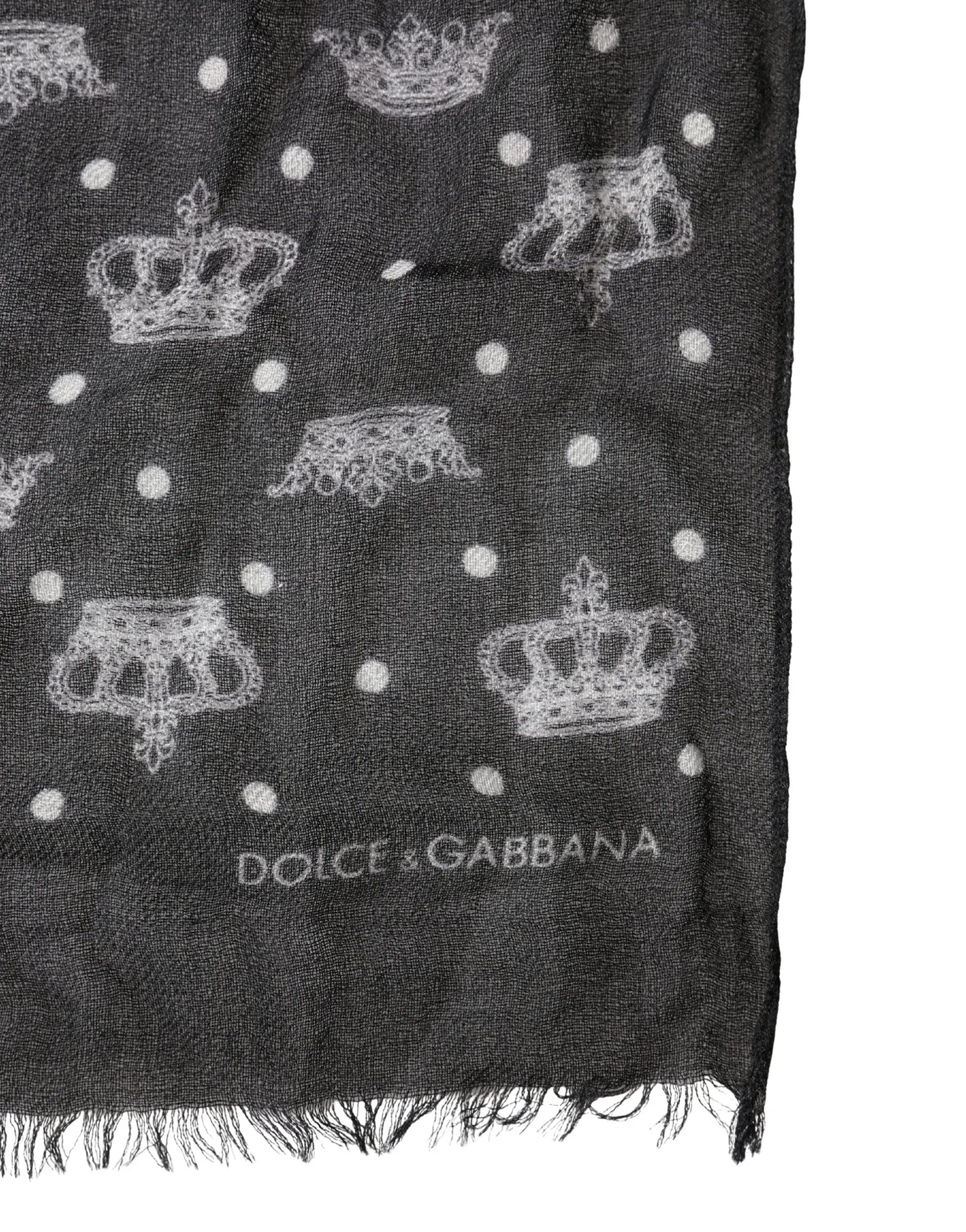 Écharpe dolce & gabbana en laine noire avec motif couronnes blanches brodées et pois, bords effilochés, 180x65 cm